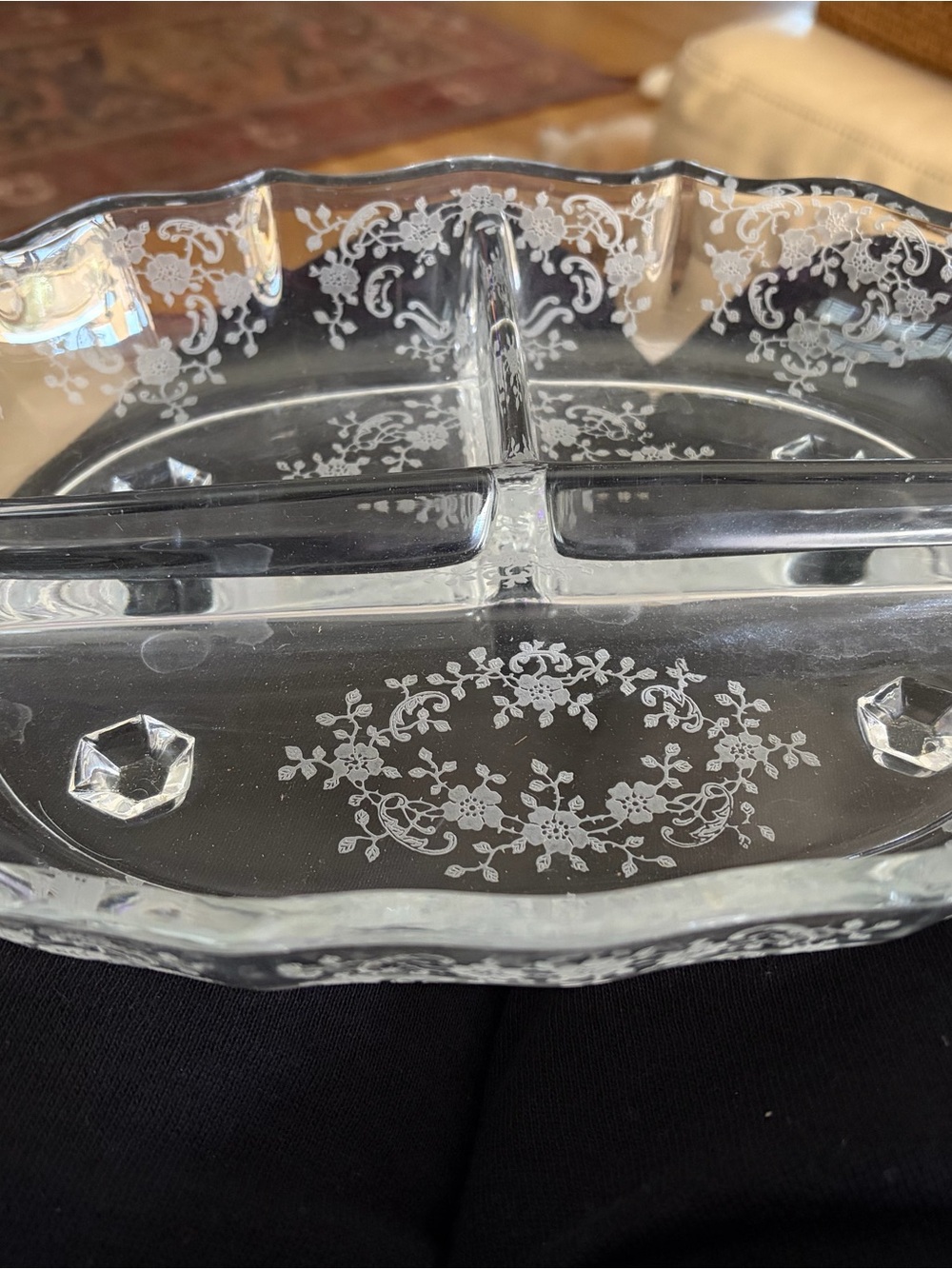 Fosteria Meadow Rose Clear Etched Glass Divided Serving Dish